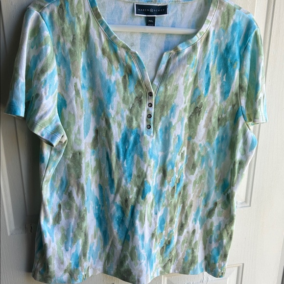 Karen Scott Aqua and Olive shirt - Picture 1 of 5